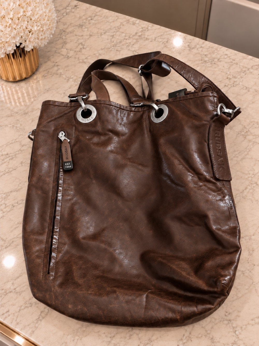 RUDSAK Brown Distressed Leather Tote with Silver Hardware